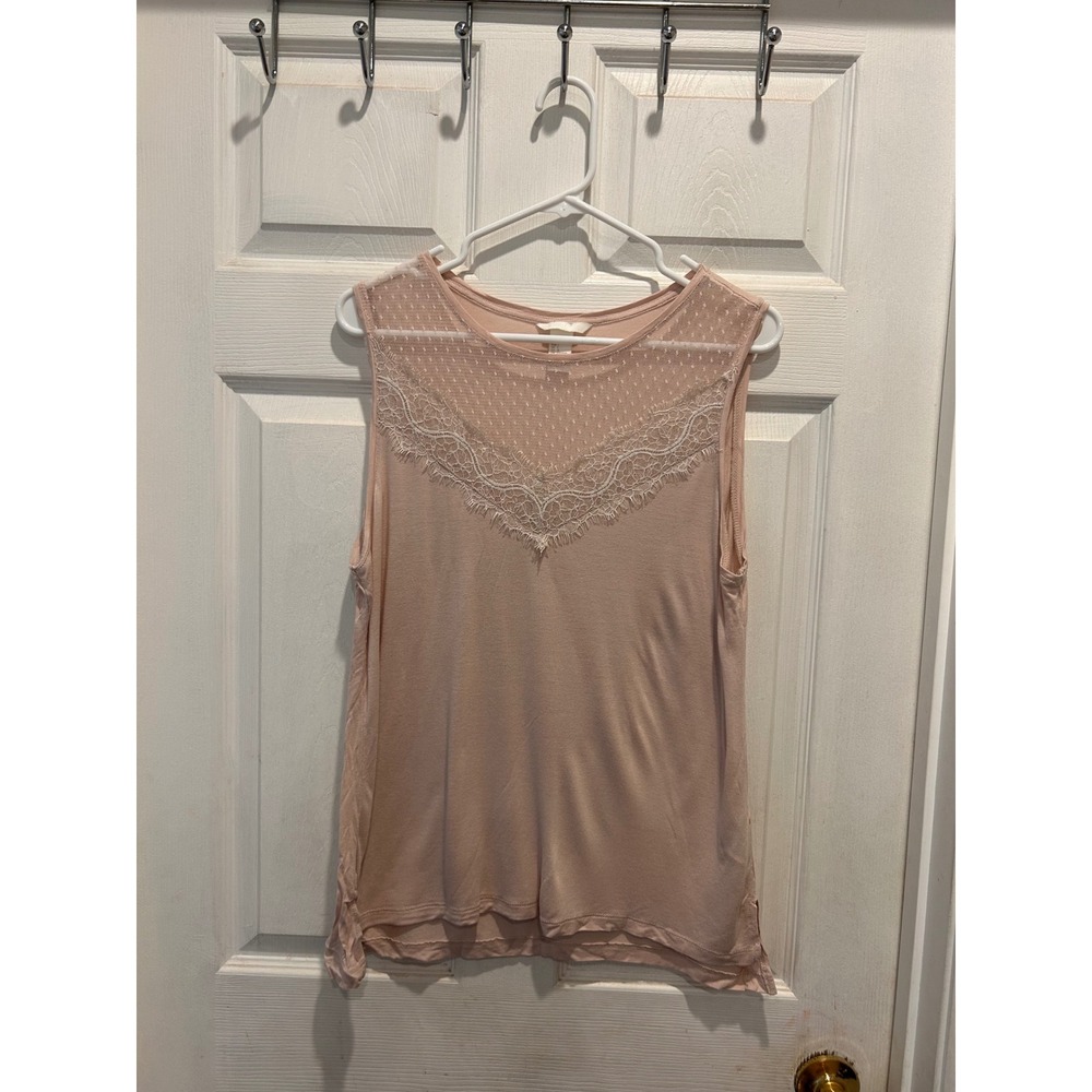 HM Womens Lace Trim Swiss Dot Mesh Tank‎ Top Blush Pink Sleeveless Sz L Romantic